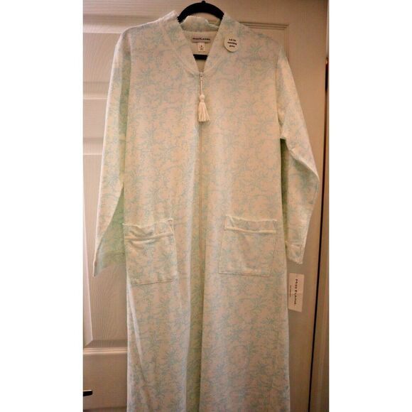 Miss Elaine 668819-125 Women's Sz M White/Blue Floral Zip-Front L/S Robe - Picture 9 of 10